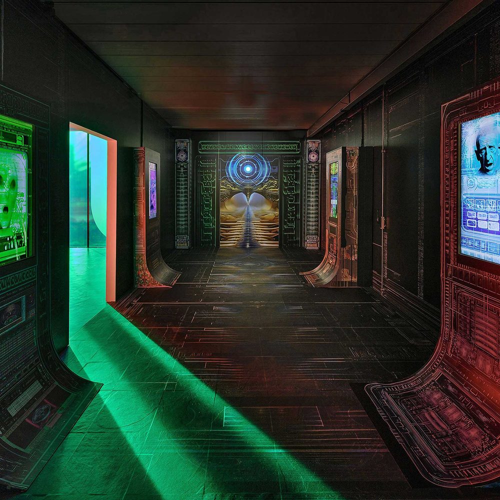A futuristic or alien room, featuring wall-mounted display screens showing images of human and alien faces. The walls and other surfaces look to be made of a dark metal, lit by neon greens and reds.