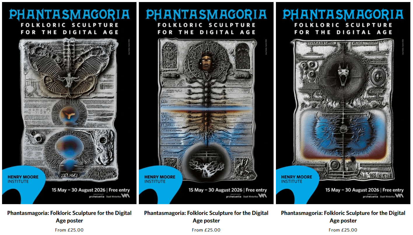 Three side by side posters advertising the exhibition 'Phantasmagoria'.