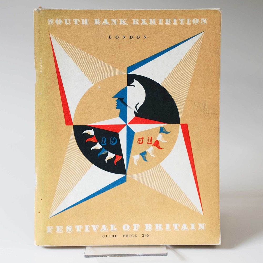 A staple-bound book, with a large logo of the Festival of Britain. The cover reads 'South bank Exhibition London, 1951; Festival of Britain; guide price 2/6'.