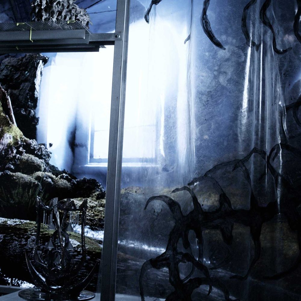 A dark, unsettling photo of an abandoned indoor space that has become completely overgrown.